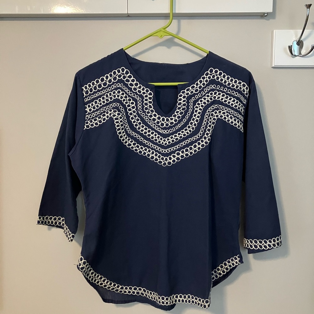 Navy Blue Women's Top with White Accents